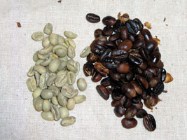 green and roasted coffee beans
